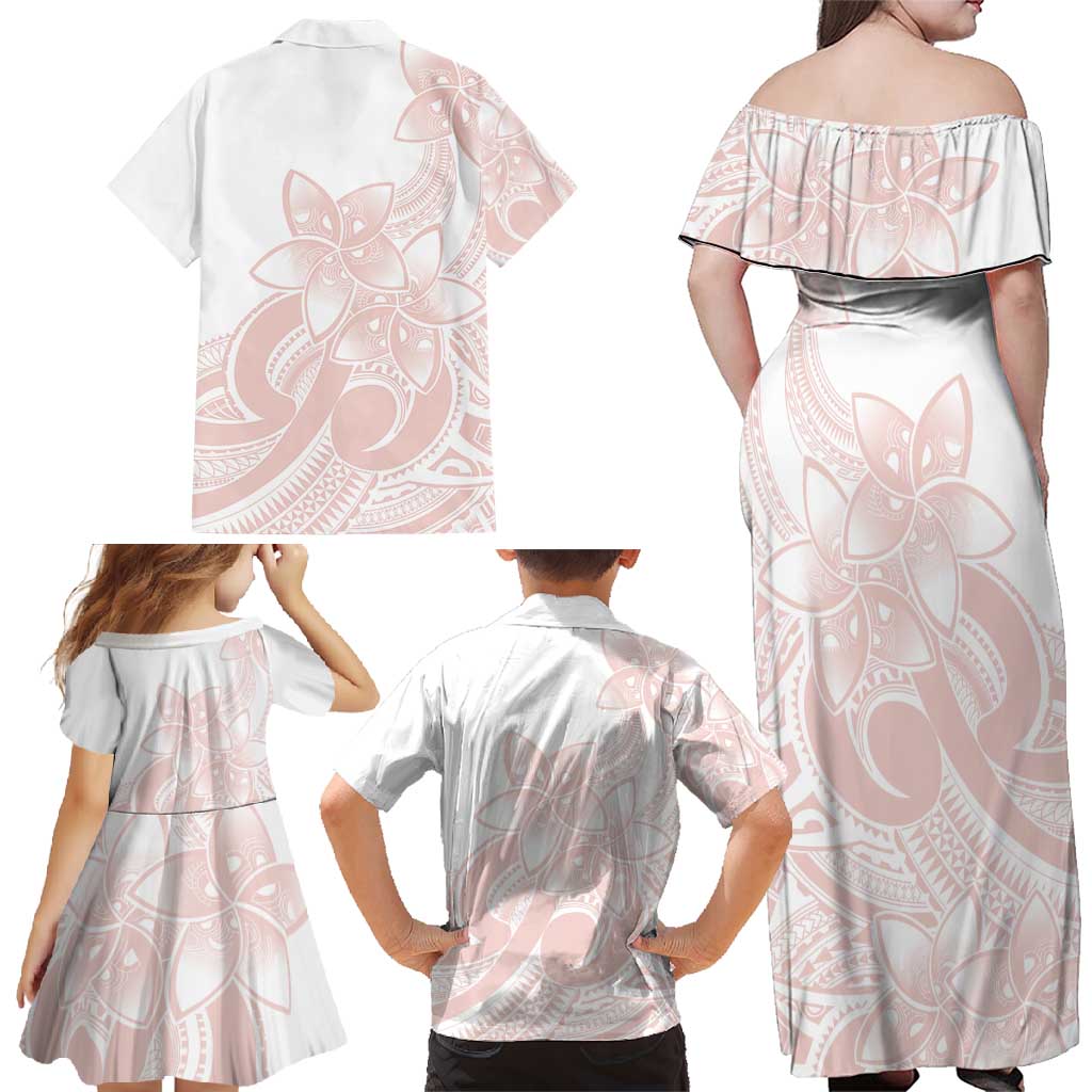 Polynesian Tribal Plumeria Lotu Tamaiti Family Matching Off Shoulder Maxi Dress and Hawaiian Shirt Pastel Blush - Polynesian Pride