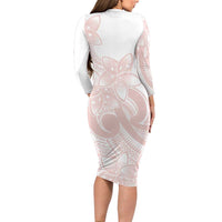 Polynesian Tribal Plumeria Lotu Tamaiti Long Sleeve Bodycon Dress Pastel Blush - Polynesian Pride
