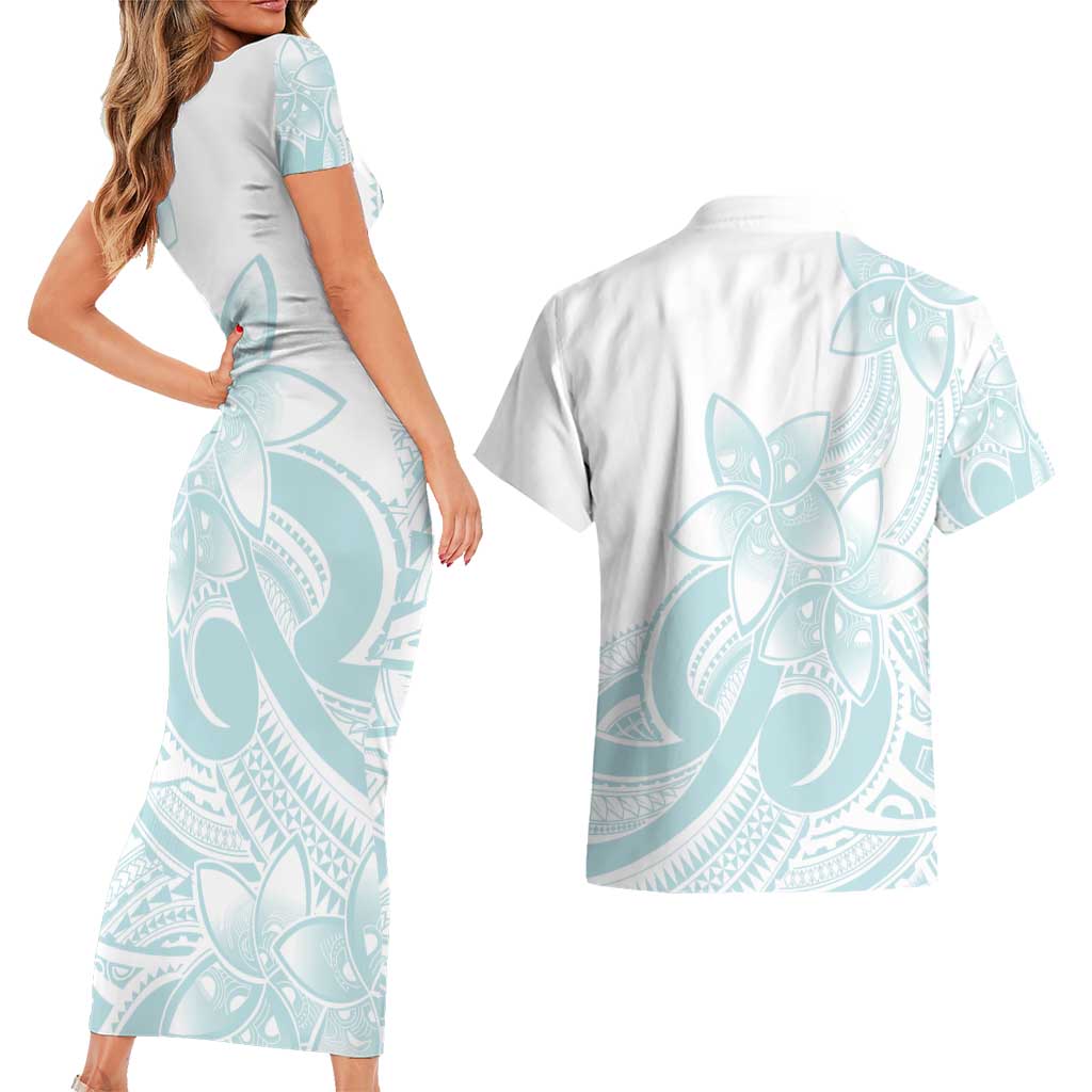 Polynesian Tribal Plumeria Lotu Tamaiti Couples Matching Short Sleeve Bodycon Dress and Hawaiian Shirt Pastel Cyan - Polynesian Pride