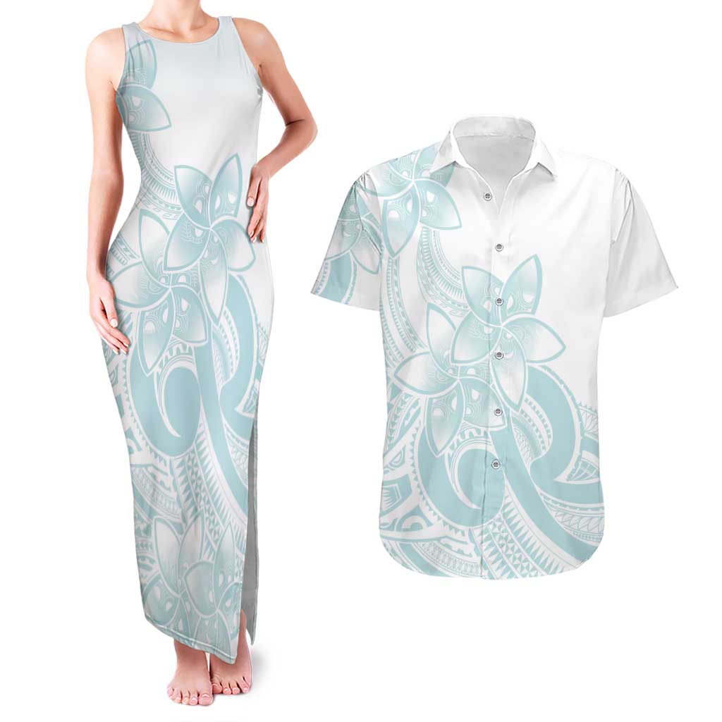 Polynesian Tribal Plumeria Lotu Tamaiti Couples Matching Tank Maxi Dress and Hawaiian Shirt Pastel Cyan - Polynesian Pride
