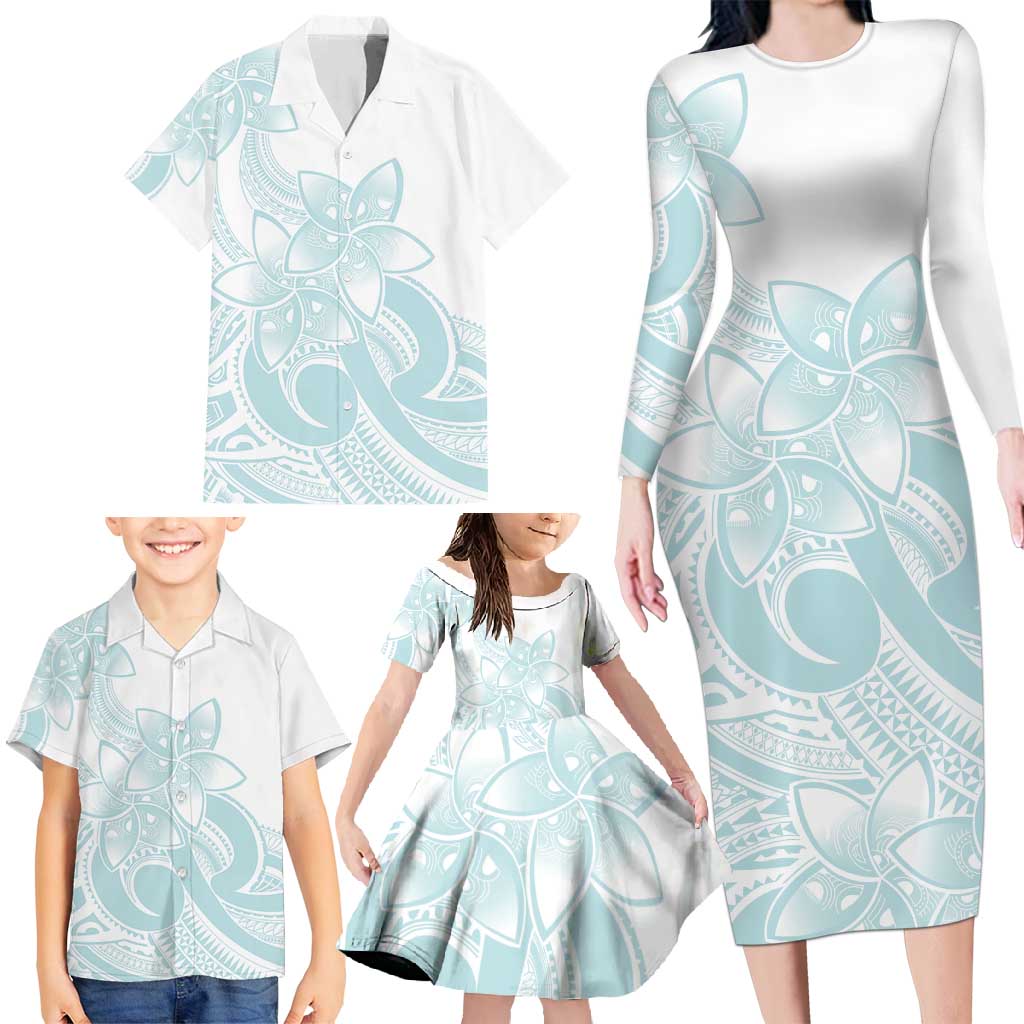 Polynesian Tribal Plumeria Lotu Tamaiti Family Matching Long Sleeve Bodycon Dress and Hawaiian Shirt Pastel Cyan - Polynesian Pride