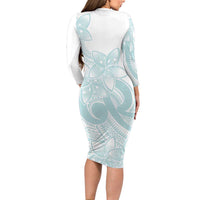 Polynesian Tribal Plumeria Lotu Tamaiti Family Matching Long Sleeve Bodycon Dress and Hawaiian Shirt Pastel Cyan - Polynesian Pride