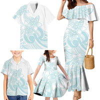 Polynesian Tribal Plumeria Lotu Tamaiti Family Matching Mermaid Dress and Hawaiian Shirt Pastel Cyan - Polynesian Pride