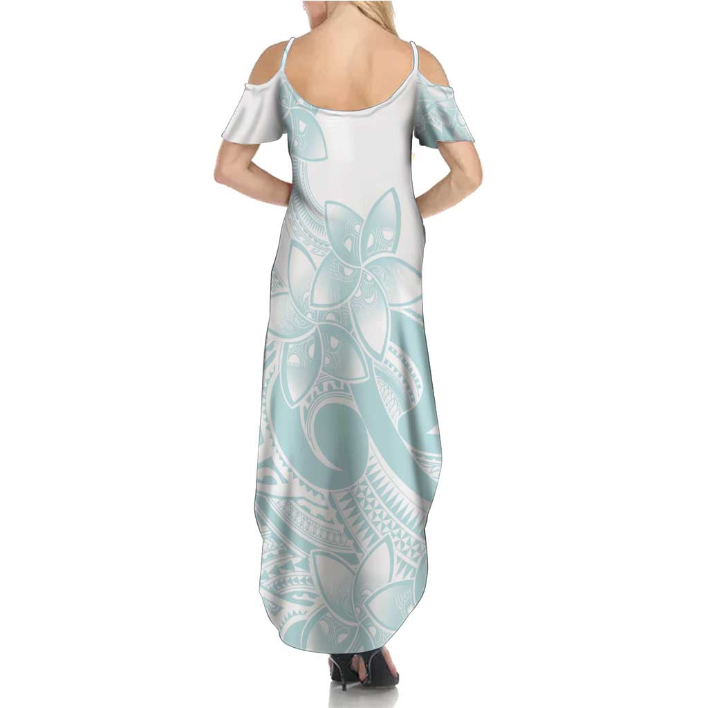 Polynesian Tribal Plumeria Lotu Tamaiti Family Matching Summer Maxi Dress and Hawaiian Shirt Pastel Cyan - Polynesian Pride