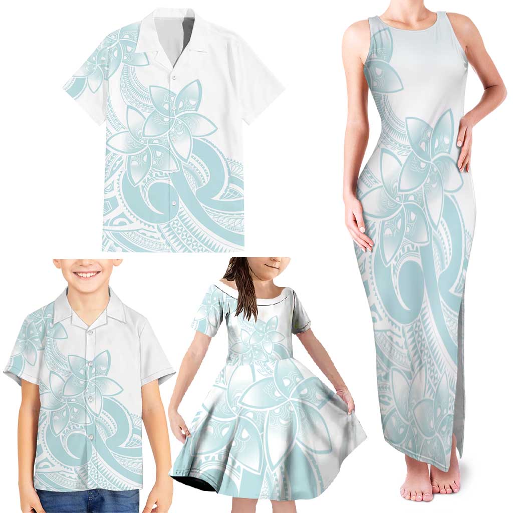 Polynesian Tribal Plumeria Lotu Tamaiti Family Matching Tank Maxi Dress and Hawaiian Shirt Pastel Cyan - Polynesian Pride