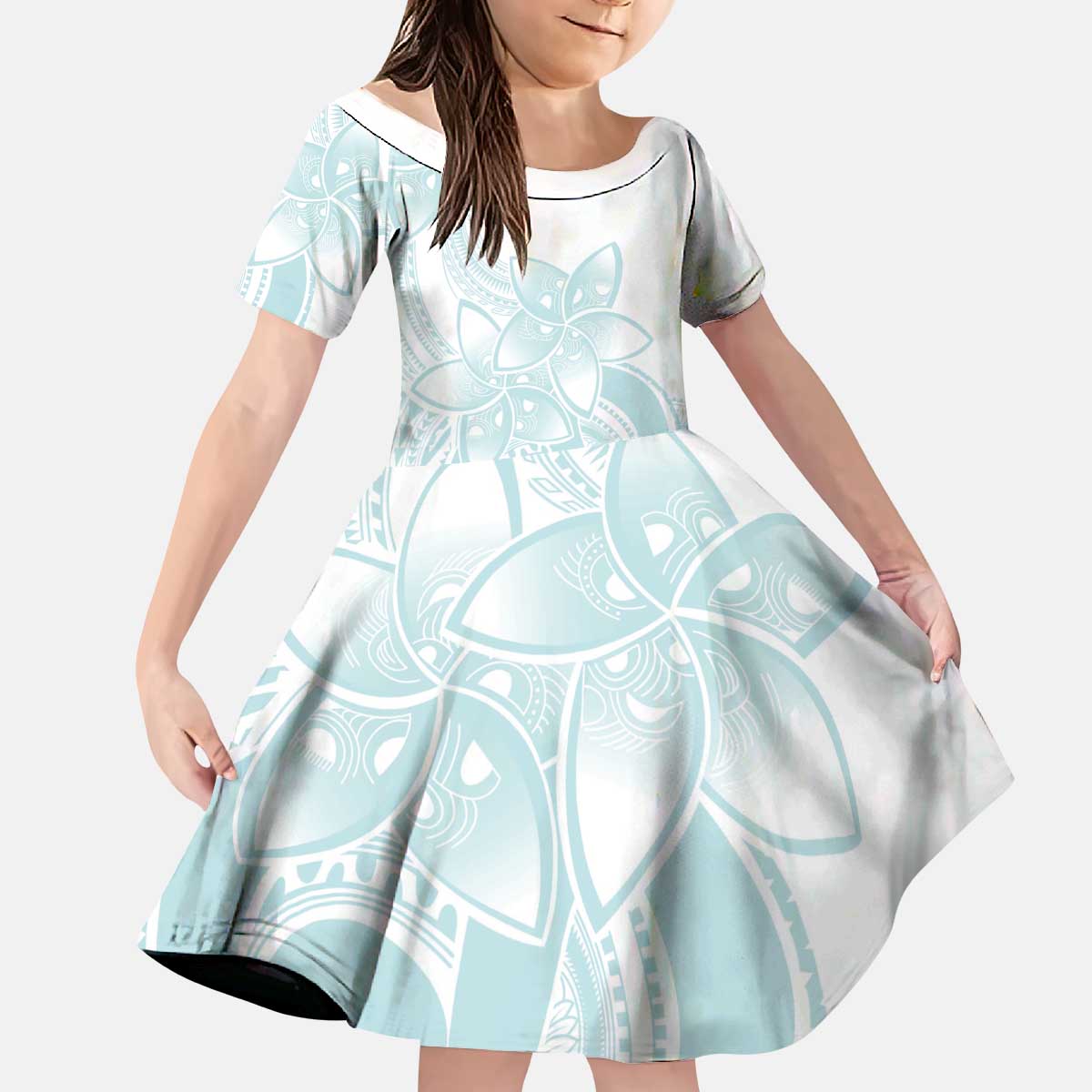 Polynesian Tribal Plumeria Lotu Tamaiti Kid Short Sleeve Dress Pastel Cyan - Polynesian Pride