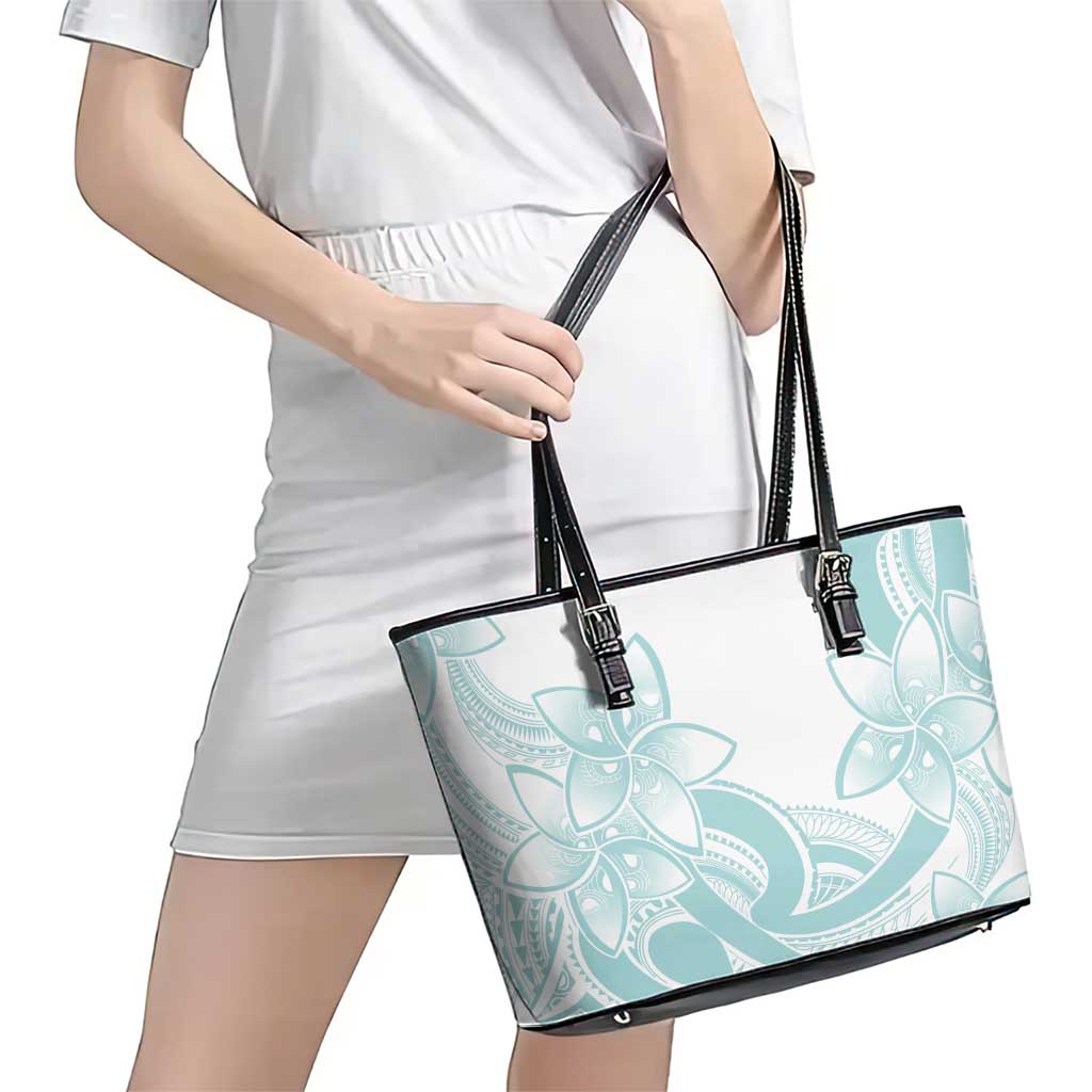 Polynesian Tribal Plumeria Lotu Tamaiti Leather Tote Bag Pastel Cyan - Polynesian Pride