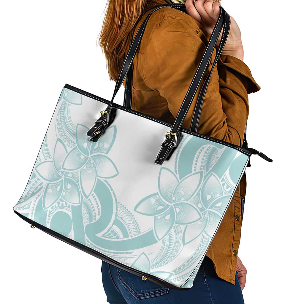 Polynesian Tribal Plumeria Lotu Tamaiti Leather Tote Bag Pastel Cyan - Polynesian Pride