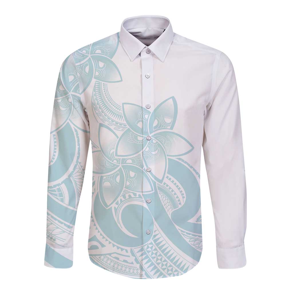 Polynesian Tribal Plumeria Lotu Tamaiti Long Sleeve Button Shirt Pastel Cyan LT9 Unisex Cyan - Polynesian Pride