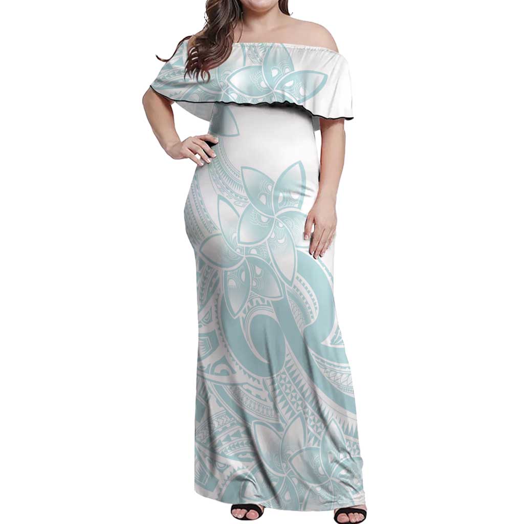Polynesian Tribal Plumeria Lotu Tamaiti Off Shoulder Maxi Dress Pastel Cyan - Polynesian Pride