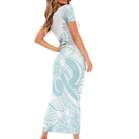 Polynesian Tribal Plumeria Lotu Tamaiti Short Sleeve Bodycon Dress Pastel Cyan - Polynesian Pride