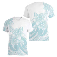 Polynesian Tribal Plumeria Lotu Tamaiti Women V-Neck T-Shirt Pastel Cyan - Polynesian Pride