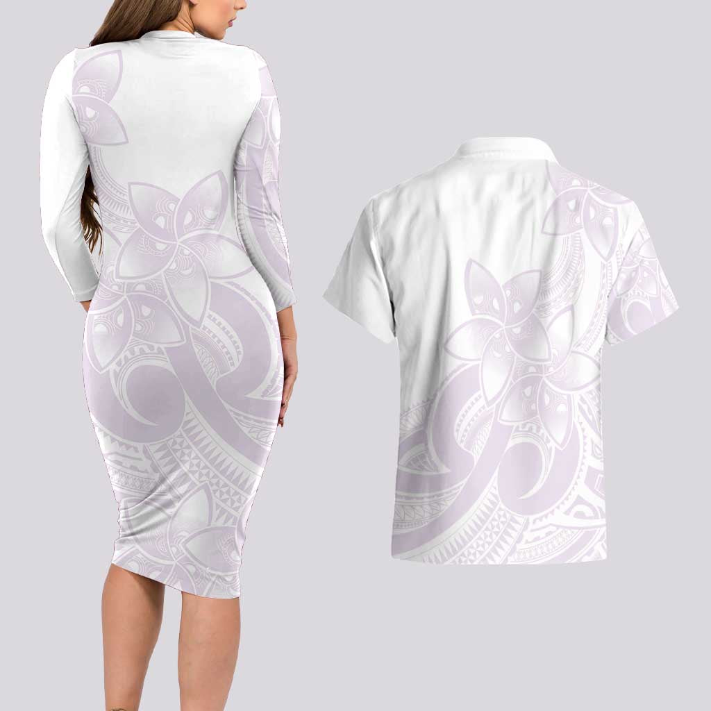 Polynesian Tribal Plumeria Lotu Tamaiti Couples Matching Long Sleeve Bodycon Dress and Hawaiian Shirt Pastel Mauve - Polynesian Pride