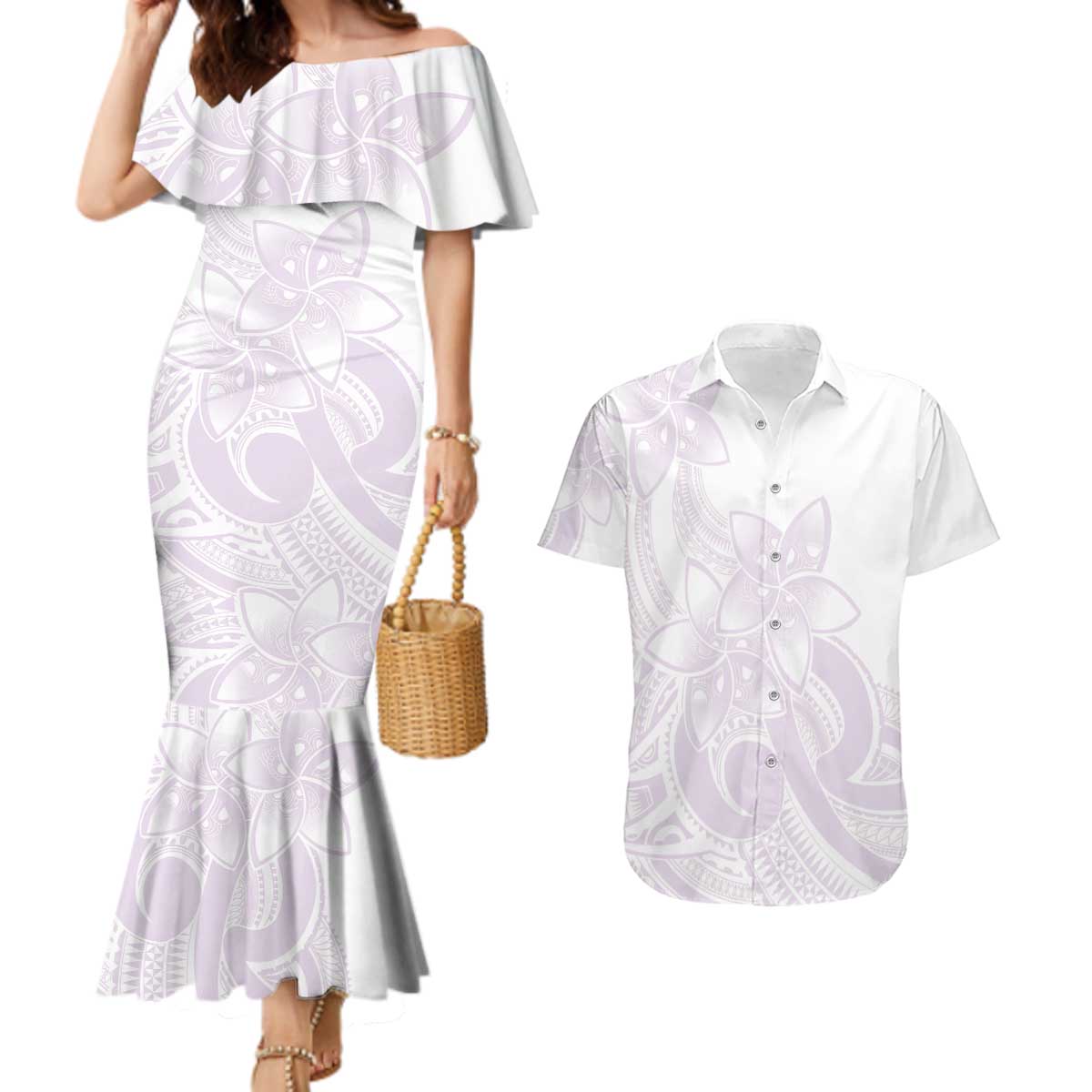 Polynesian Tribal Plumeria Lotu Tamaiti Couples Matching Mermaid Dress and Hawaiian Shirt Pastel Mauve - Polynesian Pride