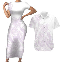 Polynesian Tribal Plumeria Lotu Tamaiti Couples Matching Short Sleeve Bodycon Dress and Hawaiian Shirt Pastel Mauve - Polynesian Pride