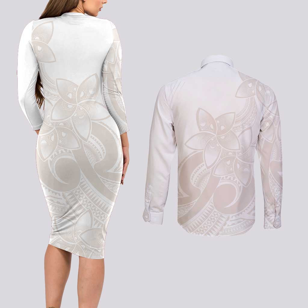 Polynesian Tribal Plumeria Lotu Tamaiti Couples Matching Long Sleeve Bodycon Dress and Long Sleeve Button Shirt Pastel Nude - Polynesian Pride