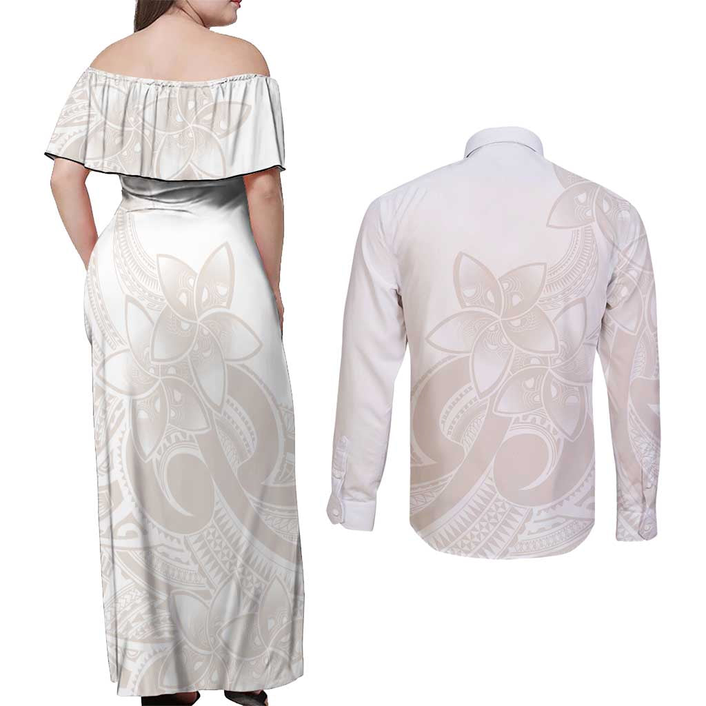 Polynesian Tribal Plumeria Lotu Tamaiti Couples Matching Off Shoulder Maxi Dress and Long Sleeve Button Shirt Pastel Nude - Polynesian Pride