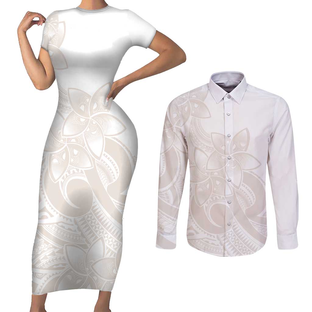 Polynesian Tribal Plumeria Lotu Tamaiti Couples Matching Short Sleeve Bodycon Dress and Long Sleeve Button Shirt Pastel Nude LT9 Nude - Polynesian Pride