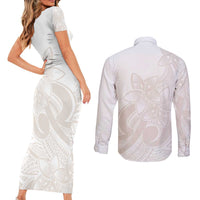 Polynesian Tribal Plumeria Lotu Tamaiti Couples Matching Short Sleeve Bodycon Dress and Long Sleeve Button Shirt Pastel Nude - Polynesian Pride