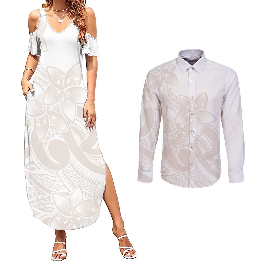 Polynesian Tribal Plumeria Lotu Tamaiti Couples Matching Summer Maxi Dress and Long Sleeve Button Shirt Pastel Nude LT9 Nude - Polynesian Pride