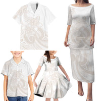 Polynesian Tribal Plumeria Lotu Tamaiti Family Matching Puletasi and Hawaiian Shirt Pastel Nude - Polynesian Pride