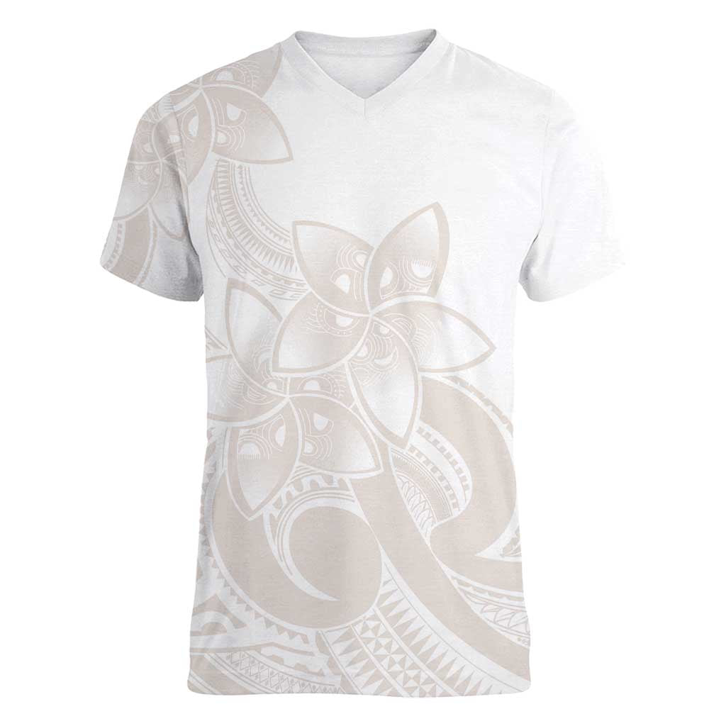 Polynesian Tribal Plumeria Lotu Tamaiti Women V-Neck T-Shirt Pastel Nude - Polynesian Pride