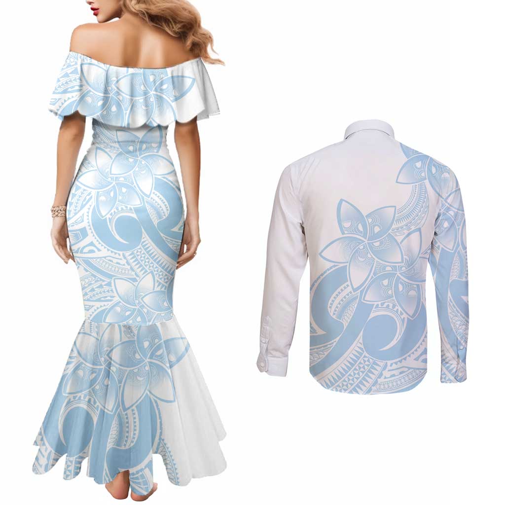 Polynesian Tribal Plumeria Lotu Tamaiti Couples Matching Mermaid Dress and Long Sleeve Button Shirt Pastel Sky Blue - Polynesian Pride
