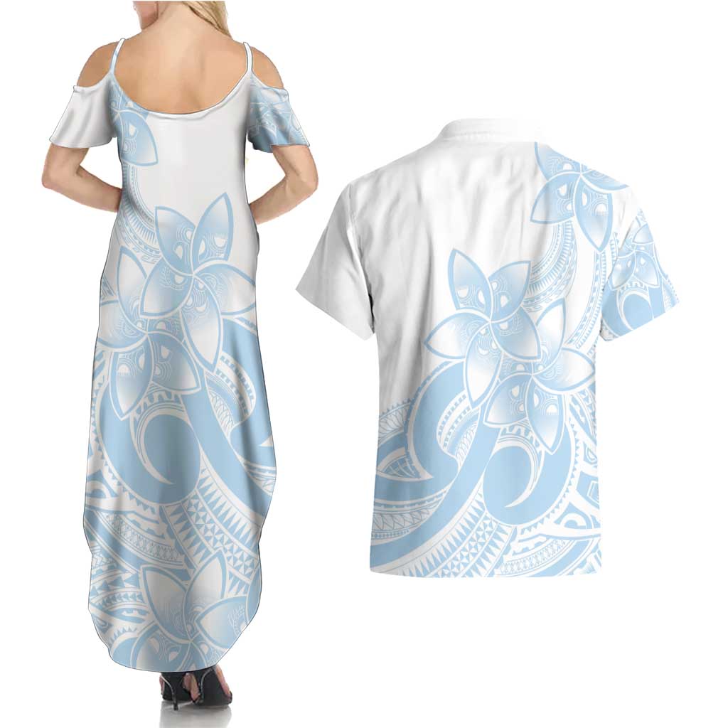 Polynesian Tribal Plumeria Lotu Tamaiti Couples Matching Summer Maxi Dress and Hawaiian Shirt Pastel Sky Blue - Polynesian Pride