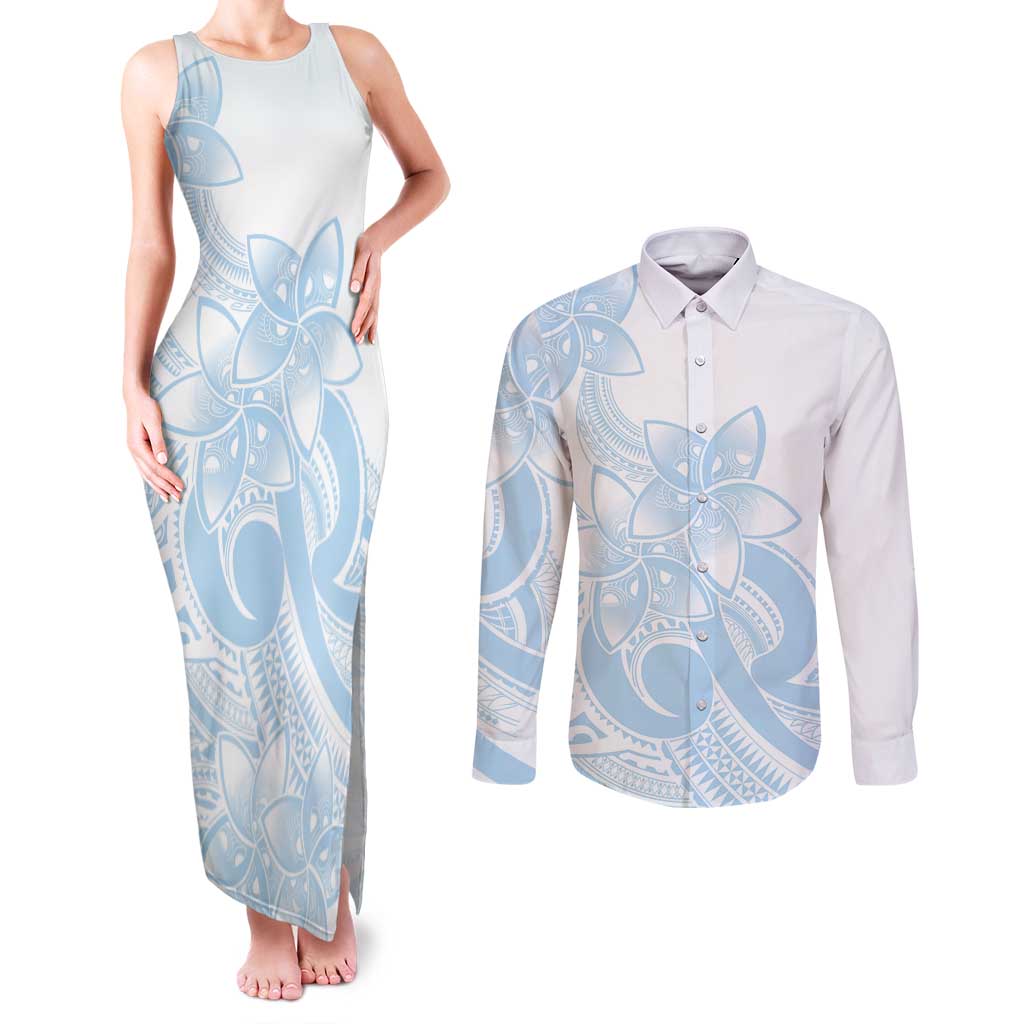 Polynesian Tribal Plumeria Lotu Tamaiti Couples Matching Tank Maxi Dress and Long Sleeve Button Shirt Pastel Sky Blue - Polynesian Pride