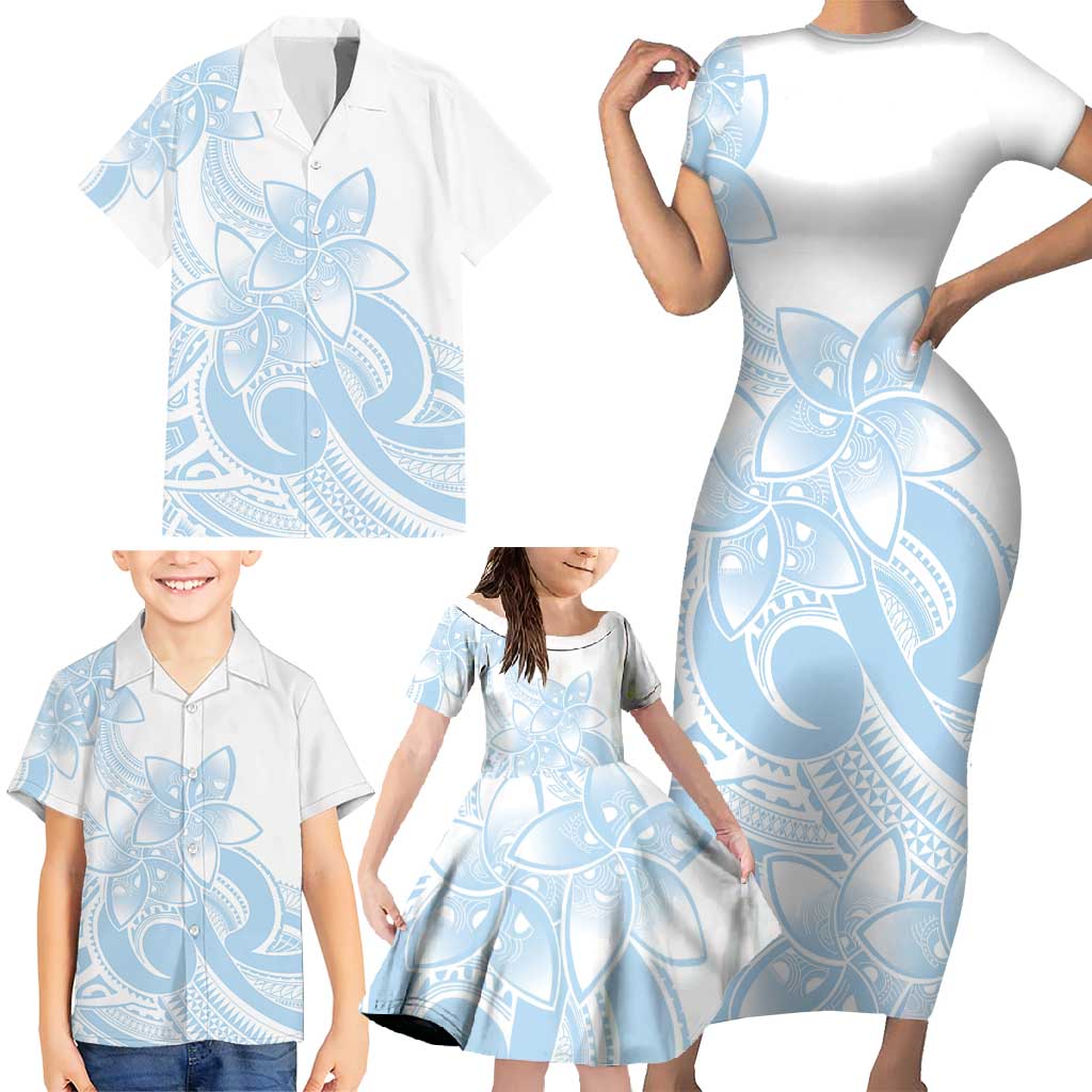 Polynesian Tribal Plumeria Lotu Tamaiti Family Matching Short Sleeve Bodycon Dress and Hawaiian Shirt Pastel Sky Blue - Polynesian Pride
