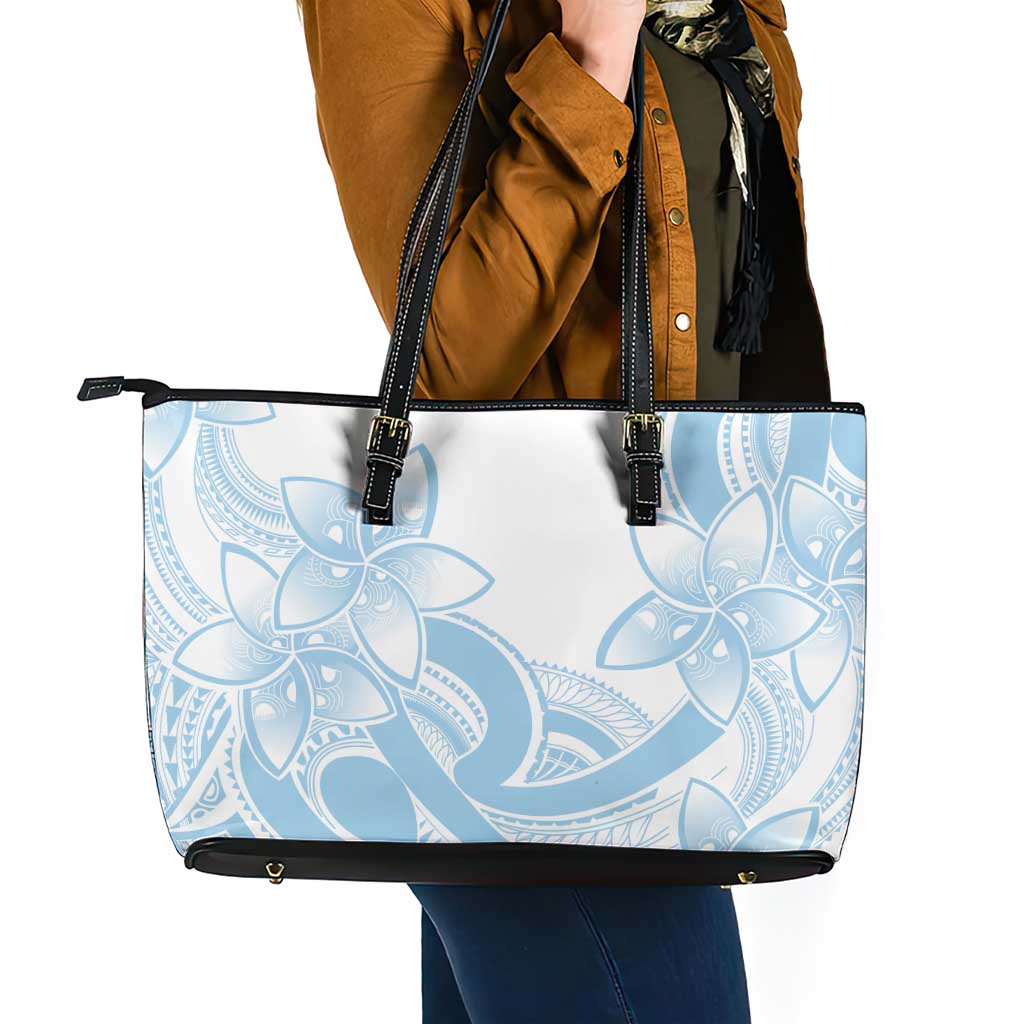 Polynesian Tribal Plumeria Lotu Tamaiti Leather Tote Bag Pastel Sky Blue - Polynesian Pride