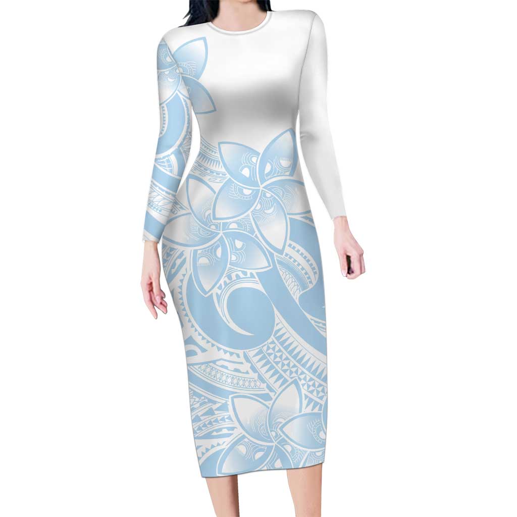 Polynesian Tribal Plumeria Lotu Tamaiti Long Sleeve Bodycon Dress Pastel Sky Blue - Polynesian Pride