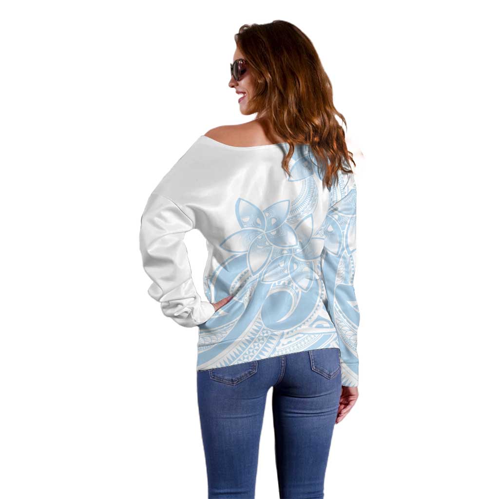 Polynesian Tribal Plumeria Lotu Tamaiti Off Shoulder Sweater Pastel Sky Blue - Polynesian Pride