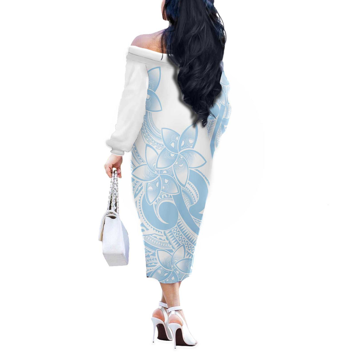 Polynesian Tribal Plumeria Lotu Tamaiti Off The Shoulder Long Sleeve Dress Pastel Sky Blue - Polynesian Pride