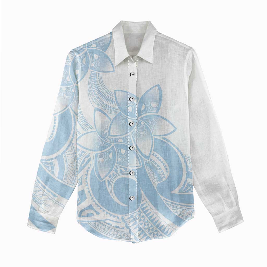 Polynesian Tribal Plumeria Lotu Tamaiti Women Casual Shirt Pastel Sky Blue - Polynesian Pride