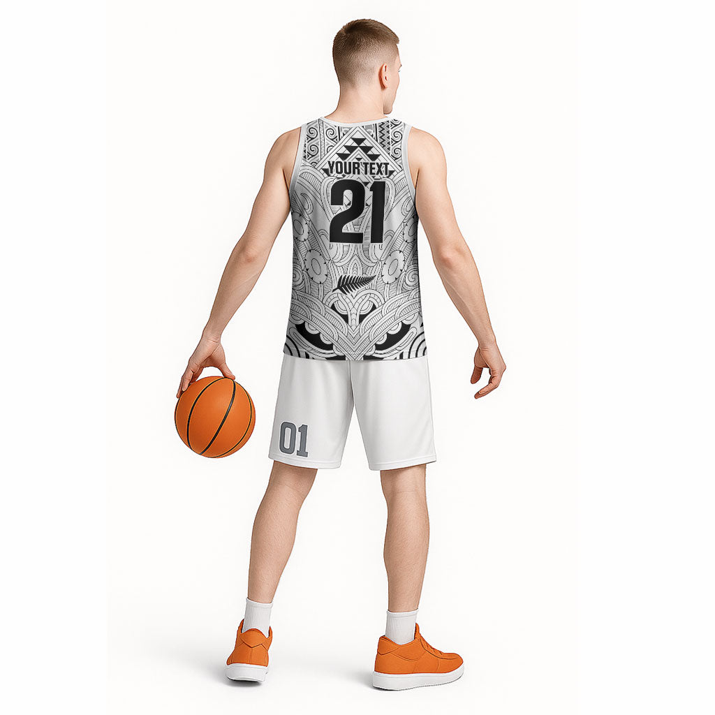 2026 Autumn Rugby Nations New Zealand Custom Basketball Jersey White Kowhaiwhai Maori Tribal Taniko Motif LT9 - Polynesian Pride