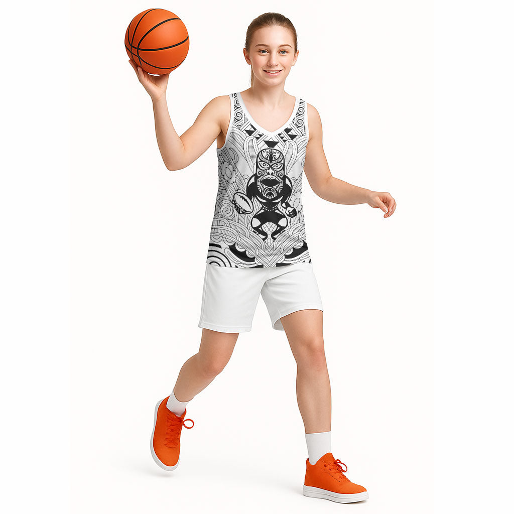 2026 Autumn Rugby Nations New Zealand Custom Basketball Jersey White Kowhaiwhai Maori Tribal Taniko Motif LT9 - Polynesian Pride
