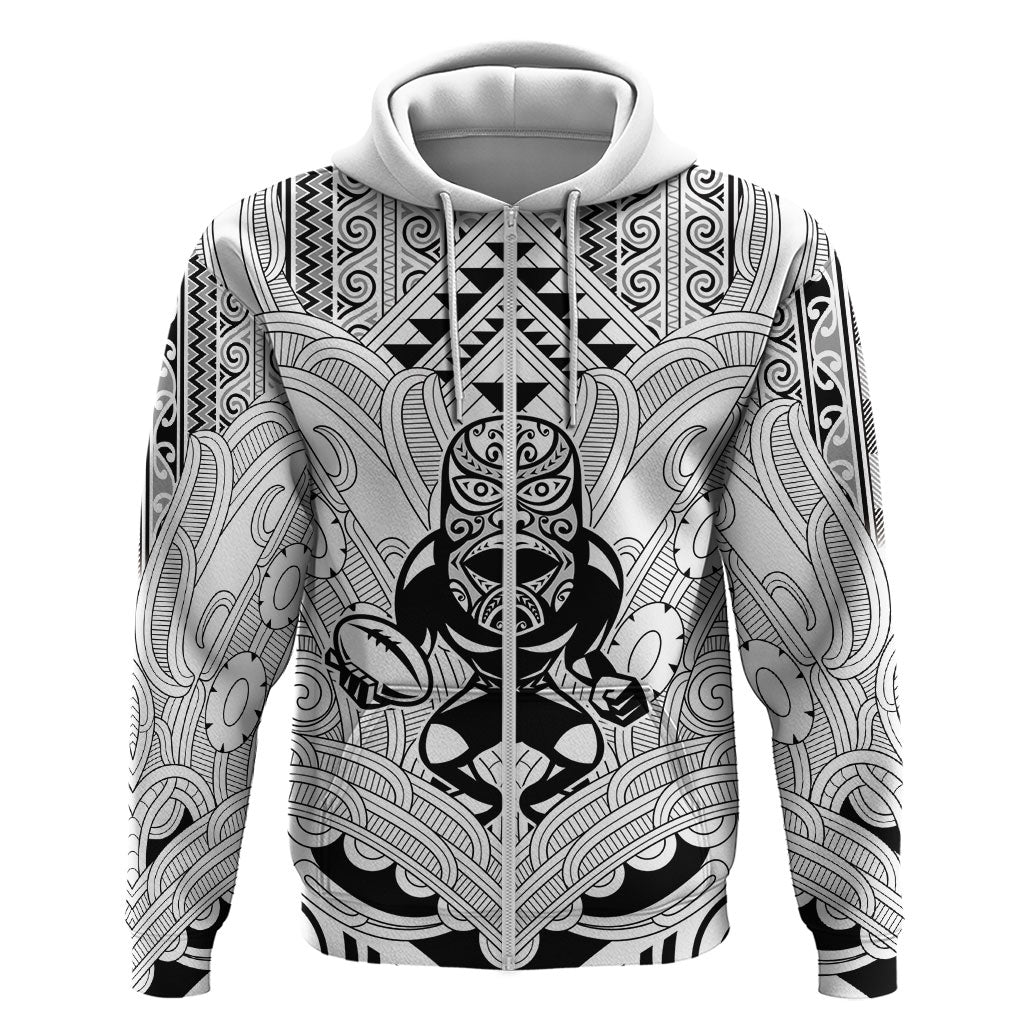 2026 Autumn Rugby Nations New Zealand Custom Hoodie White Kowhaiwhai Maori Tribal Taniko Motif LT9 Zip Hoodie White - Polynesian Pride
