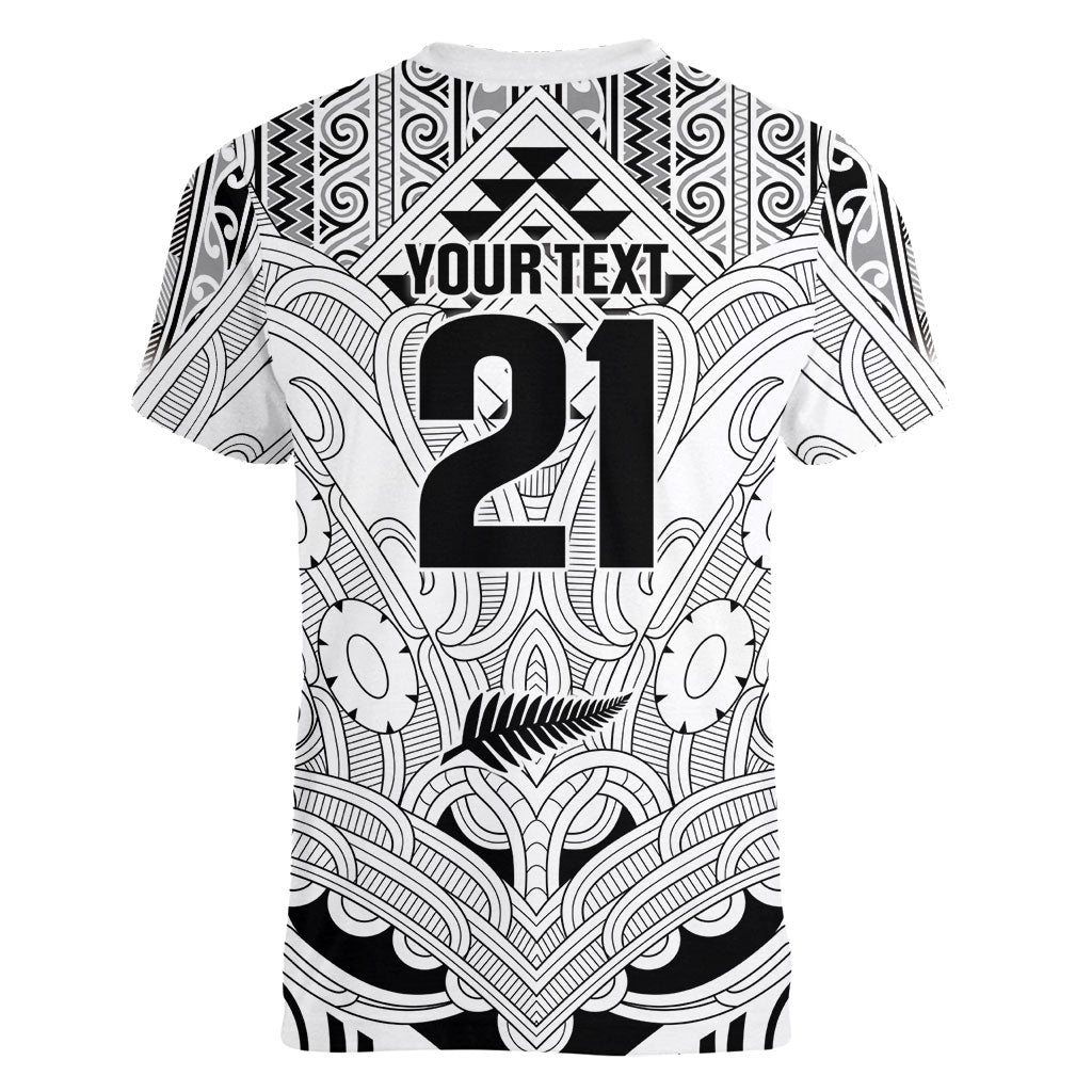 2026 Autumn Rugby Nations New Zealand Custom Women V-Neck T-Shirt White Kowhaiwhai Maori Tribal Taniko Motif LT9 - Polynesian Pride