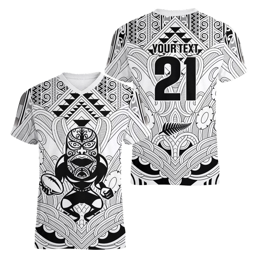 2026 Autumn Rugby Nations New Zealand Custom Women V-Neck T-Shirt White Kowhaiwhai Maori Tribal Taniko Motif LT9 - Polynesian Pride