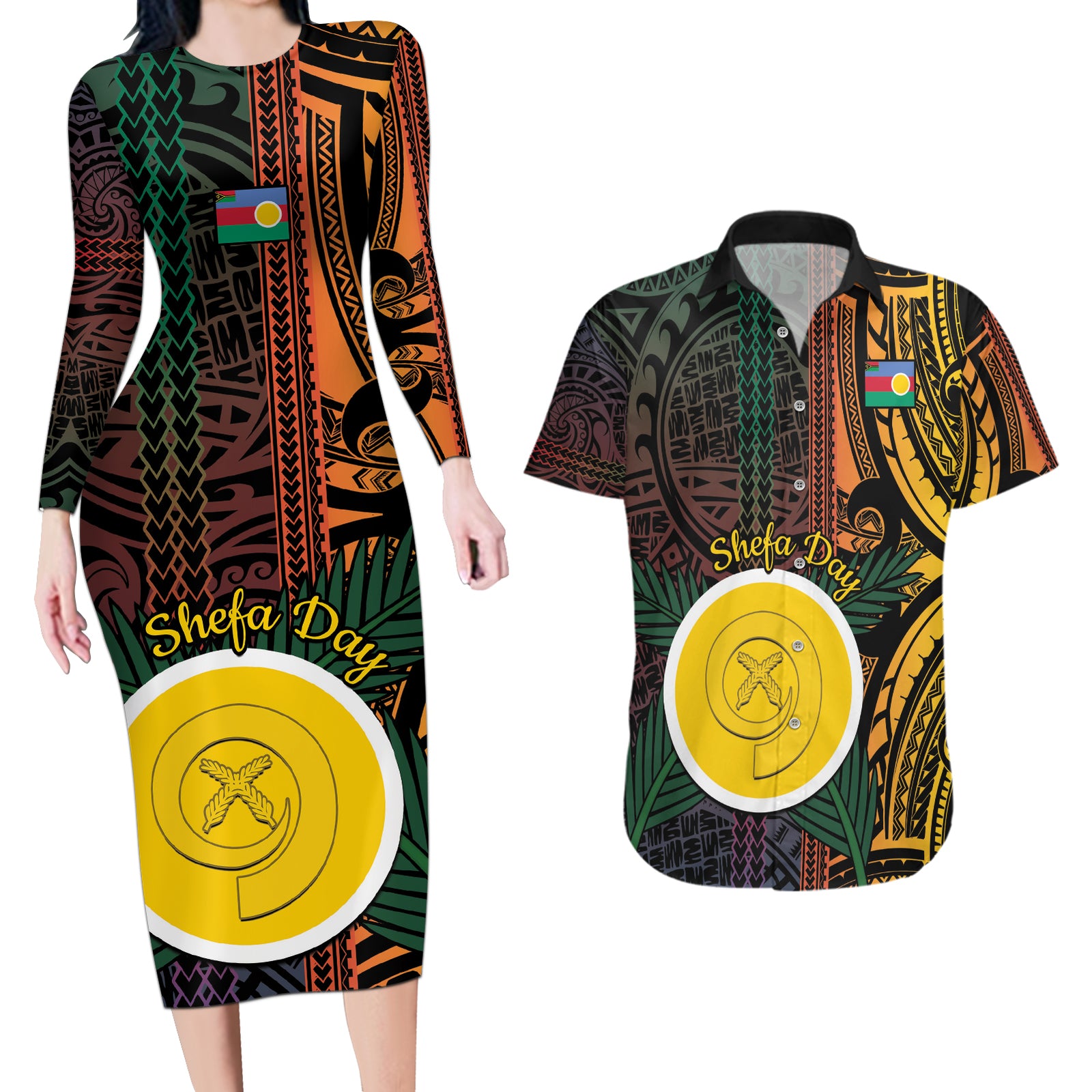 Personalised Shefa Day Couples Matching Long Sleeve Bodycon Dress and Hawaiian Shirt Happy June 18 Vanuatu Province LT14 Black - Polynesian Pride