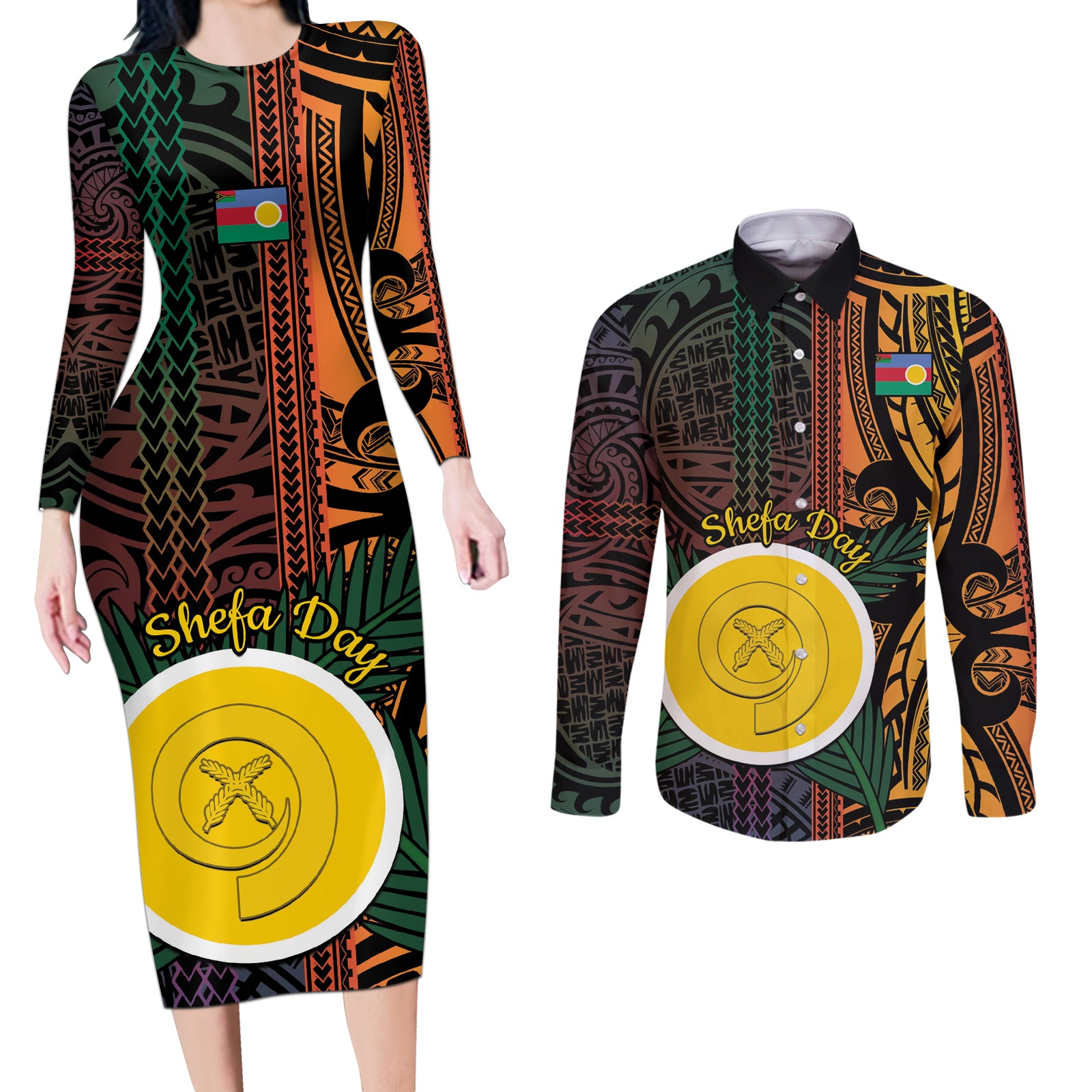 Personalised Shefa Day Couples Matching Long Sleeve Bodycon Dress and Long Sleeve Button Shirt Happy June 18 Vanuatu Province LT14 Black - Polynesian Pride