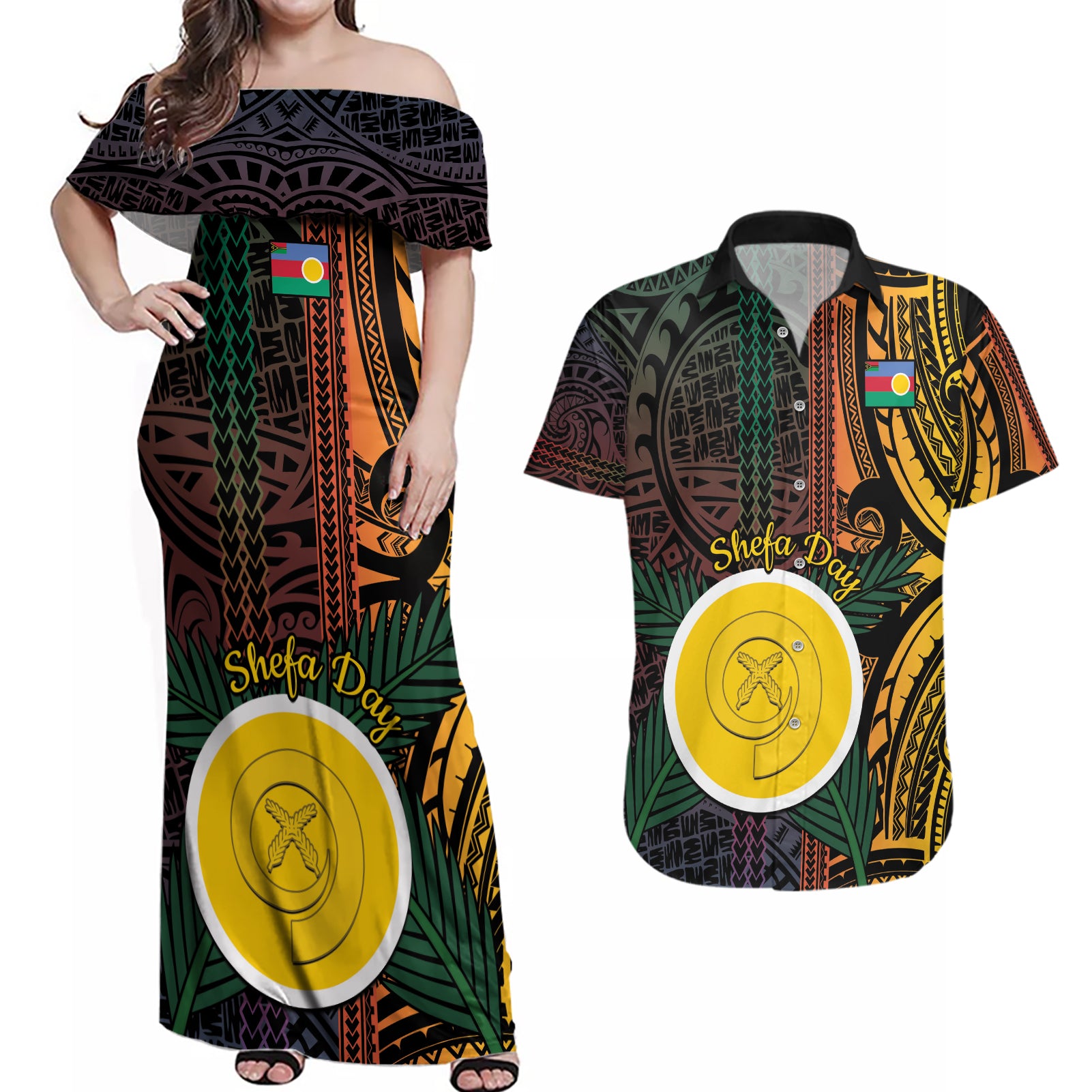 Personalised Shefa Day Couples Matching Off Shoulder Maxi Dress and Hawaiian Shirt Happy June 18 Vanuatu Province