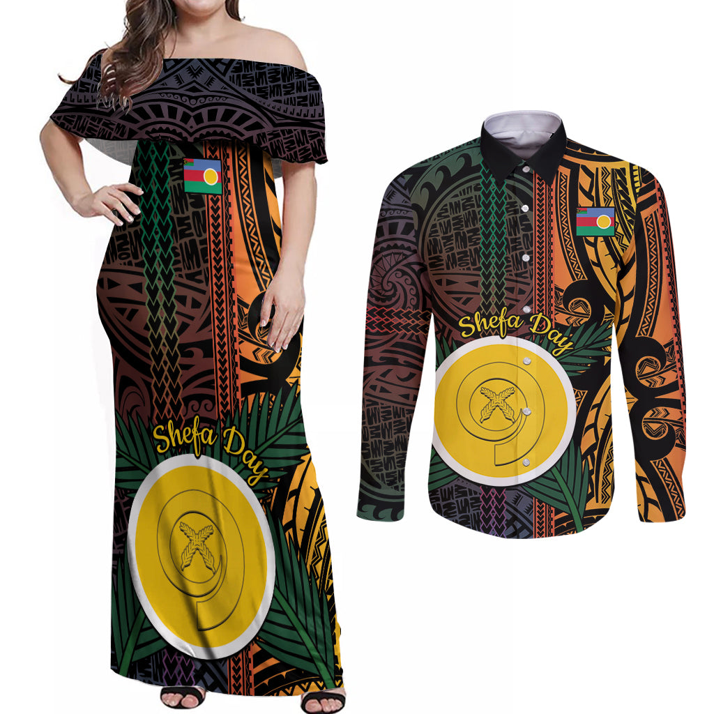 Personalised Shefa Day Couples Matching Off Shoulder Maxi Dress and Long Sleeve Button Shirt Happy June 18 Vanuatu Province LT14 Black - Polynesian Pride