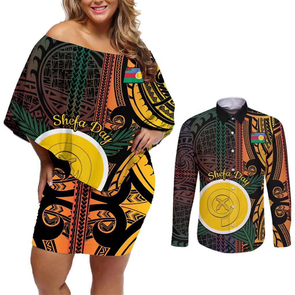 Personalised Shefa Day Couples Matching Off Shoulder Short Dress and Long Sleeve Button Shirt Happy June 18 Vanuatu Province LT14 Black - Polynesian Pride