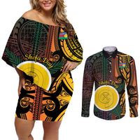 Personalised Shefa Day Couples Matching Off Shoulder Short Dress and Long Sleeve Button Shirt Happy June 18 Vanuatu Province LT14 Black - Polynesian Pride