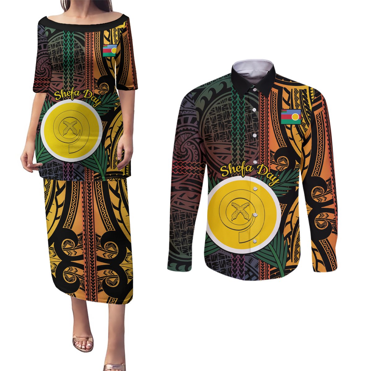 Personalised Shefa Day Couples Matching Puletasi and Long Sleeve Button Shirt Happy June 18 Vanuatu Province LT14 Black - Polynesian Pride