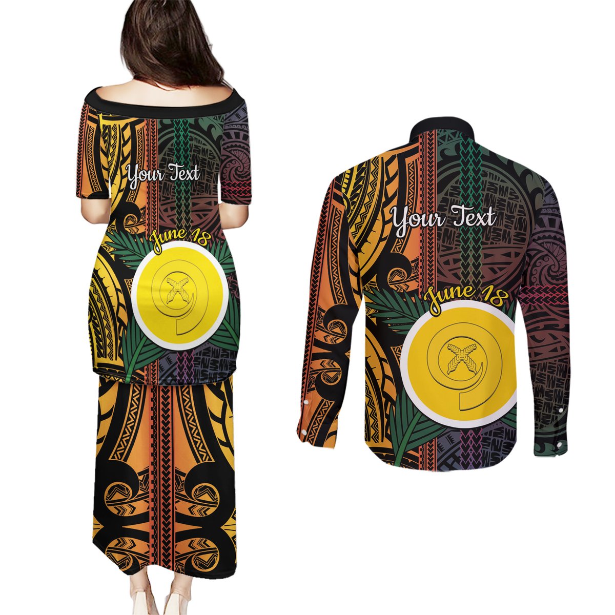 Personalised Shefa Day Couples Matching Puletasi and Long Sleeve Button Shirt Happy June 18 Vanuatu Province LT14 - Polynesian Pride