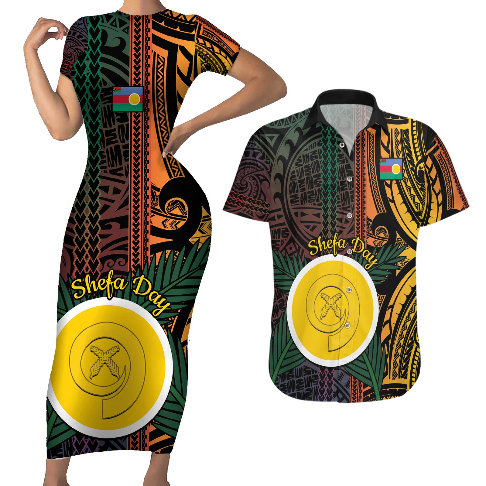 Personalised Shefa Day Couples Matching Short Sleeve Bodycon Dress and Hawaiian Shirt Happy June 18 Vanuatu Province LT14 Black - Polynesian Pride