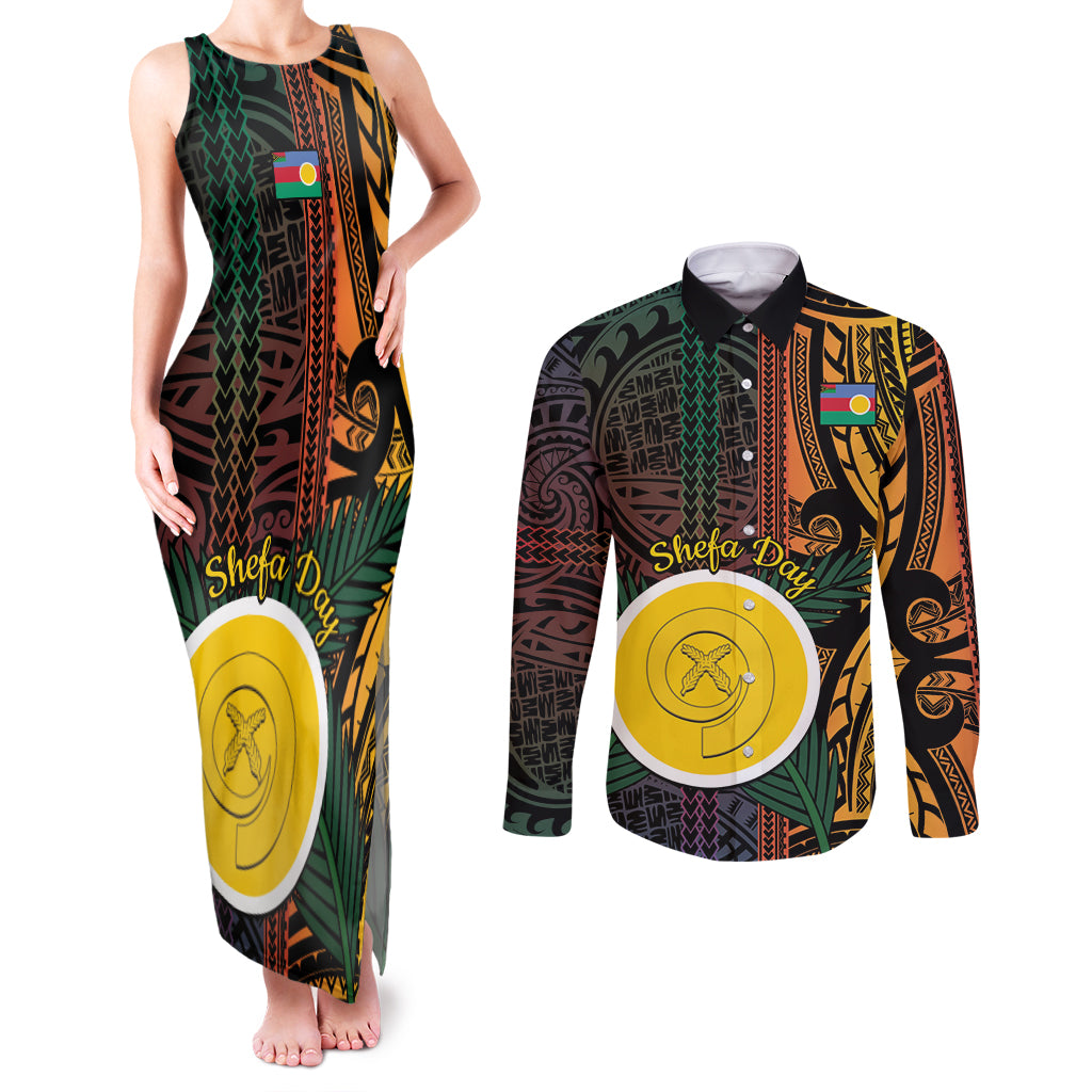 Personalised Shefa Day Couples Matching Tank Maxi Dress and Long Sleeve Button Shirt Happy June 18 Vanuatu Province LT14 Black - Polynesian Pride